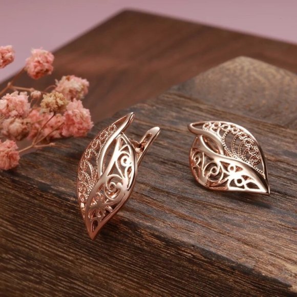585 Rose Gold Plated Hollow Big Drop Earrings - Picture 1 of 8